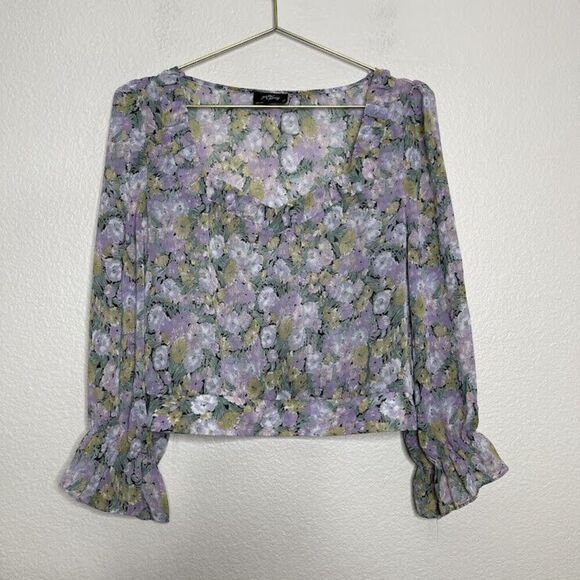 Milk & Honey Top Size Large Floral Purple Puff Sleeve Sheer Preppy Coquette - Picture 1 of 9